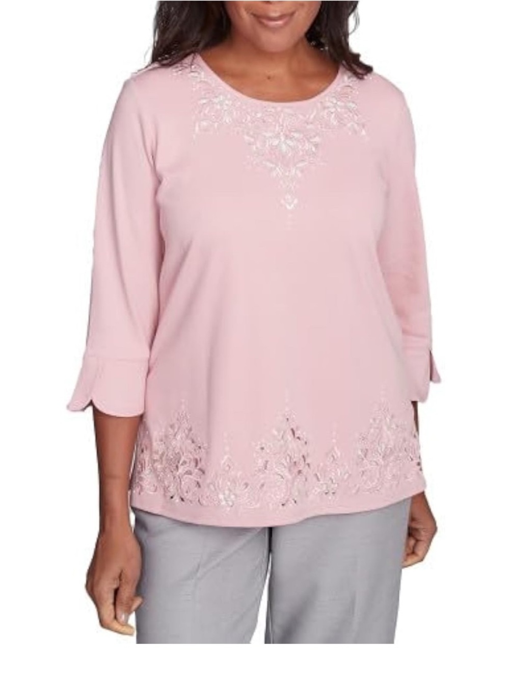 Alfred Dunner Women's Estate of Mind Lace Cutout Split Sleeve Top